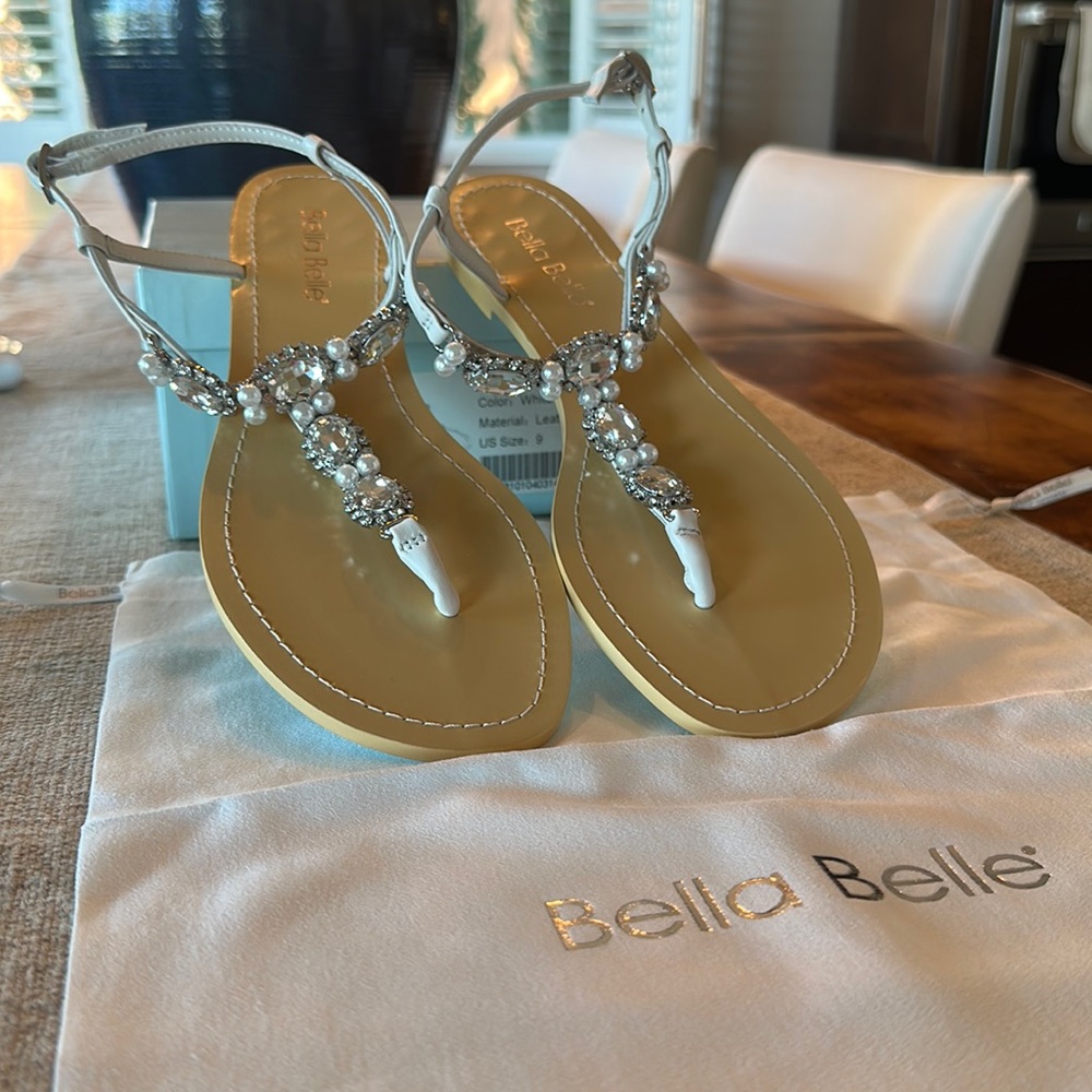 Jewels and Pearl, White Leather Dressy Flat Sandals for Wedding